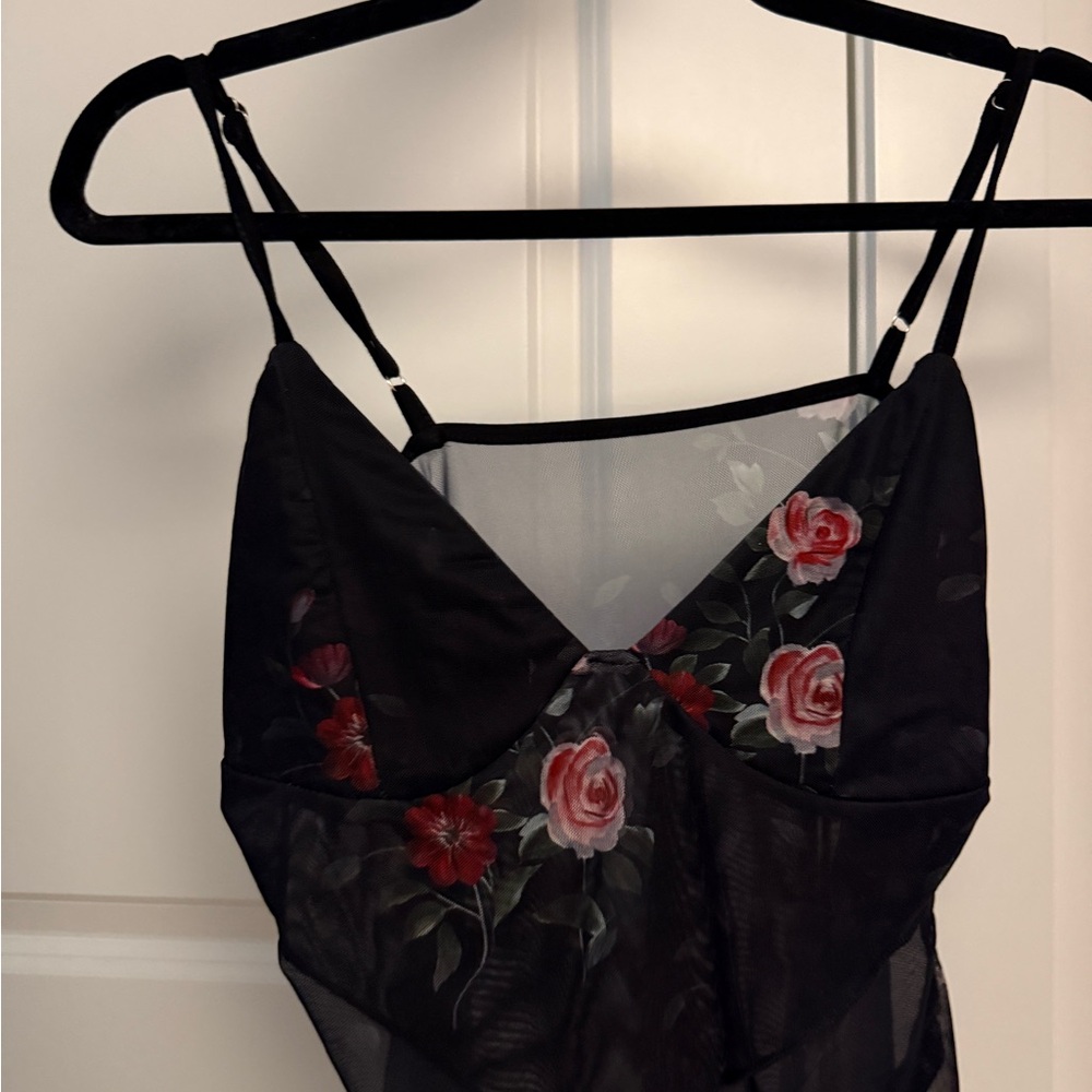 Cider Black Sheer Chemise with Red Floral Design